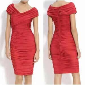 Tadashi Shoji Red Ruched Satin Off The Shoulder Bodycon Cocktail Dress Medium